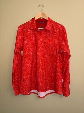 Stio Womens L Long Sleeve Floral Button Up Orange Stretch Outerwear Hiking Mtn